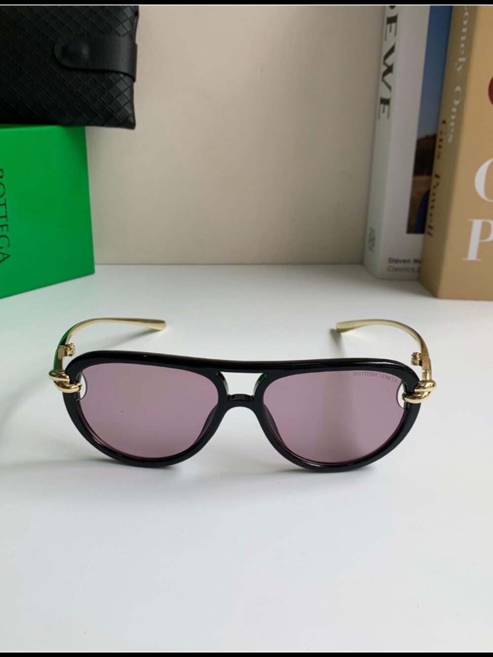 Bottega Veneta Black Aviator Gold Knot Mauve Lens Sunnies
